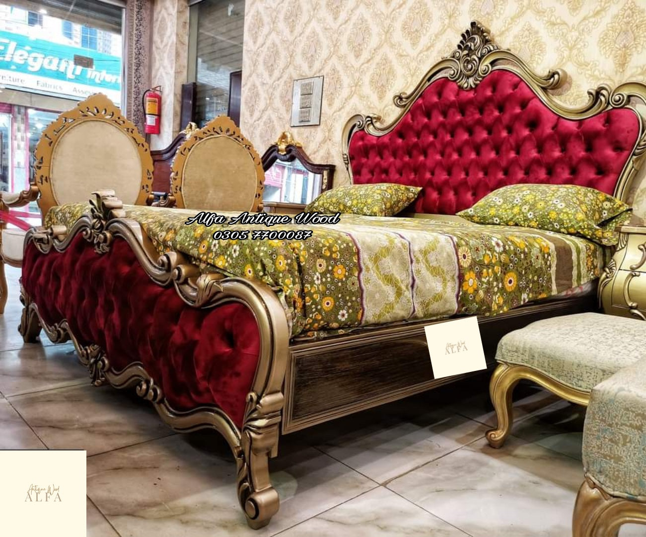 The Royal Ruby Bed Set | Hand-Carved Chinioti Sheesham Wood & Velvet Furniture