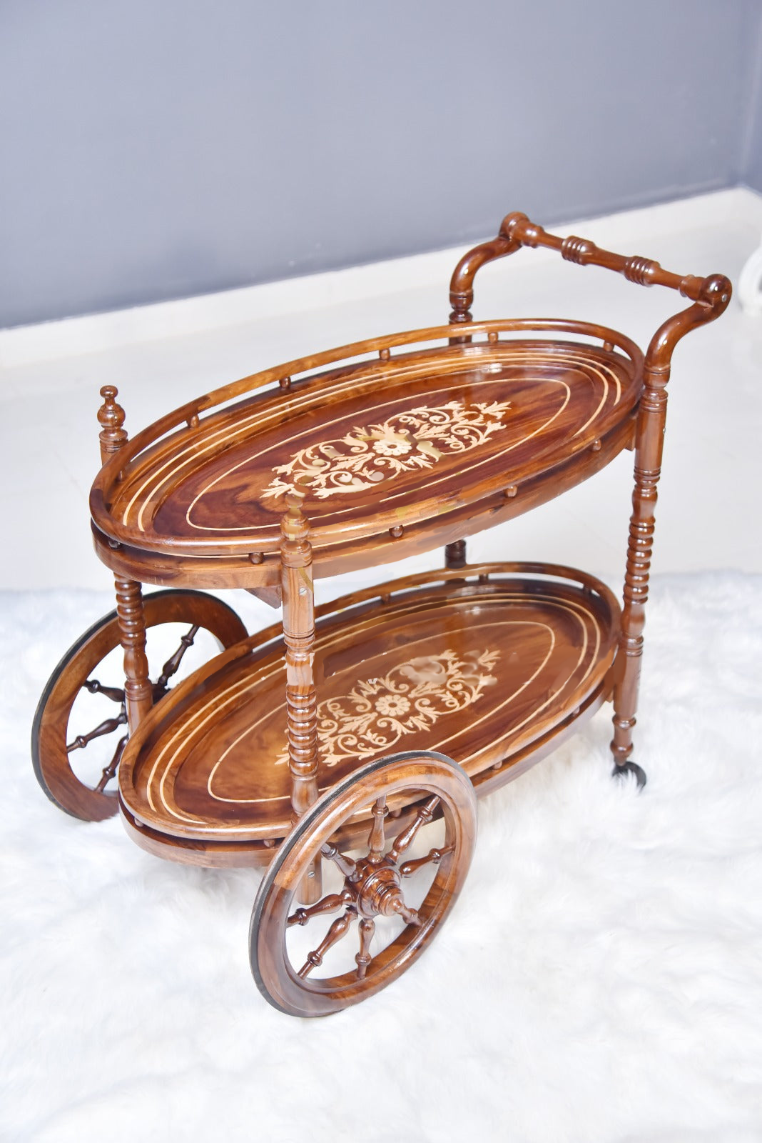 Diana Solid Wood Tea Trolley: Oval Sheesham Wood with Wooden Inlay Top