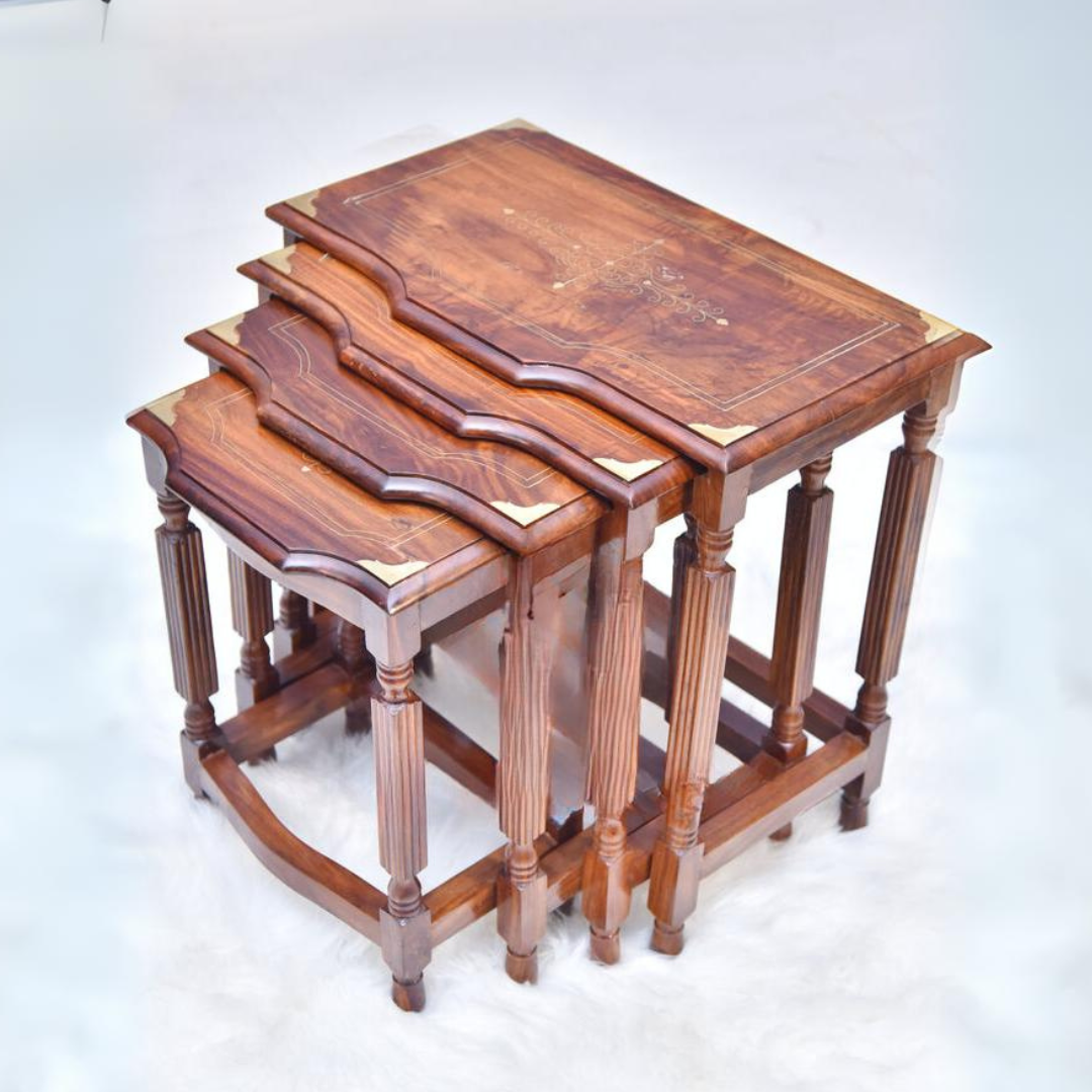 Sheesham Wood Brass Nesting Table Set of 4