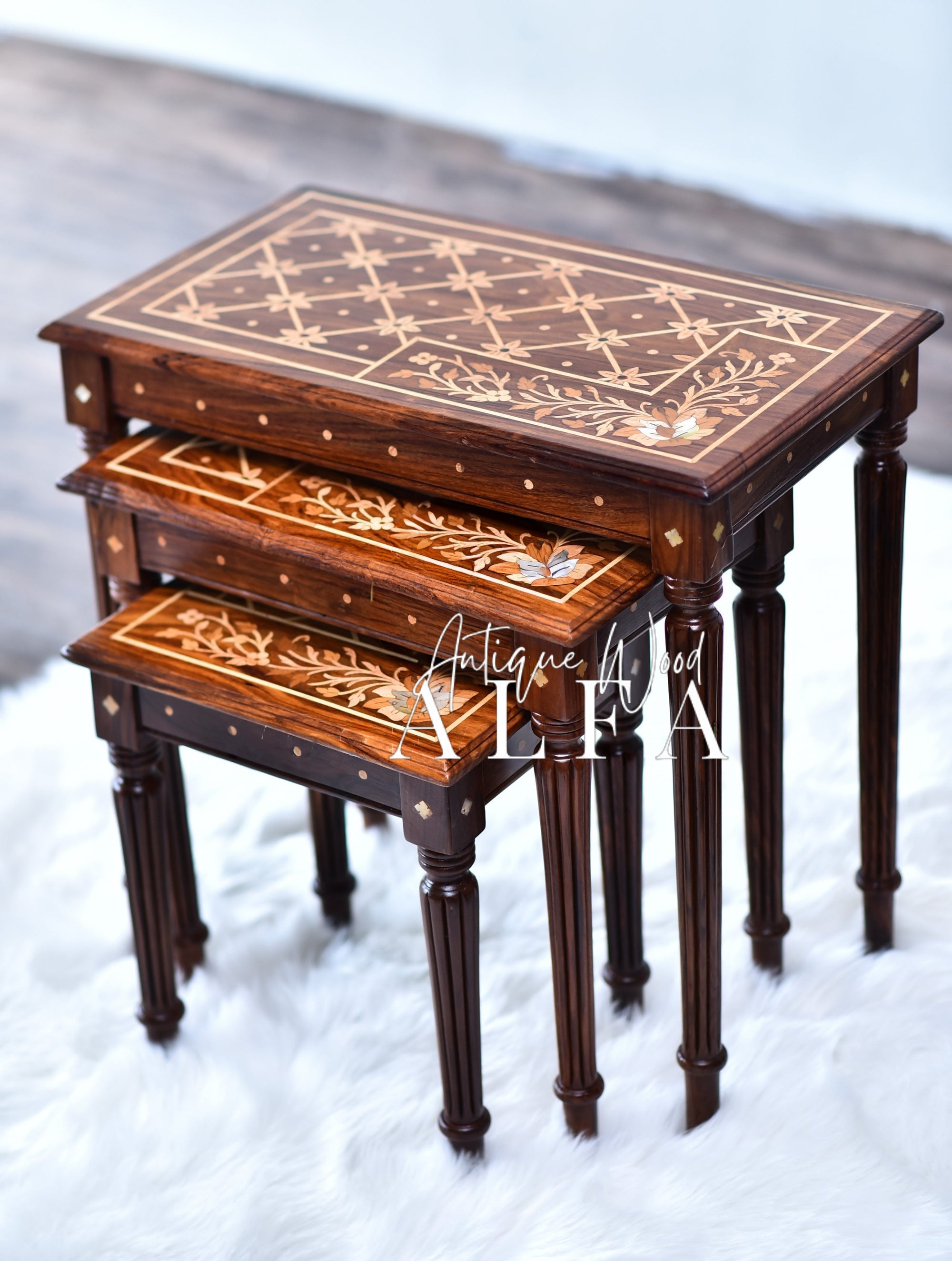 Wooden Petal Pearls Inlay Nesting Table Set Of 3