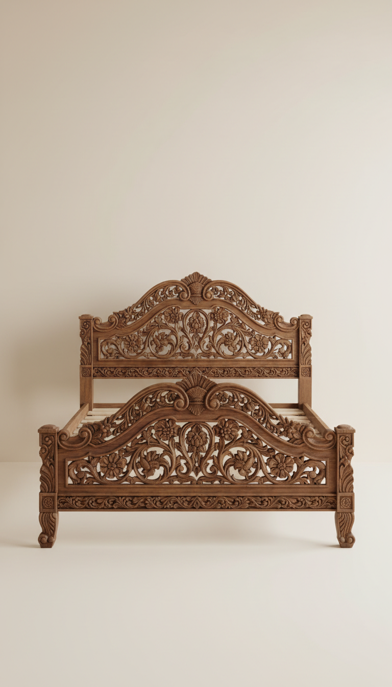 Classic Chinioti Carved Bed Frame In Matte Walnut Finish