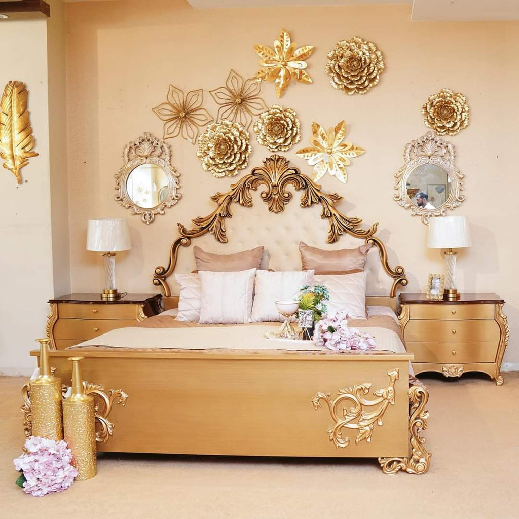 Royal Gold Wooden Carved Bed Set