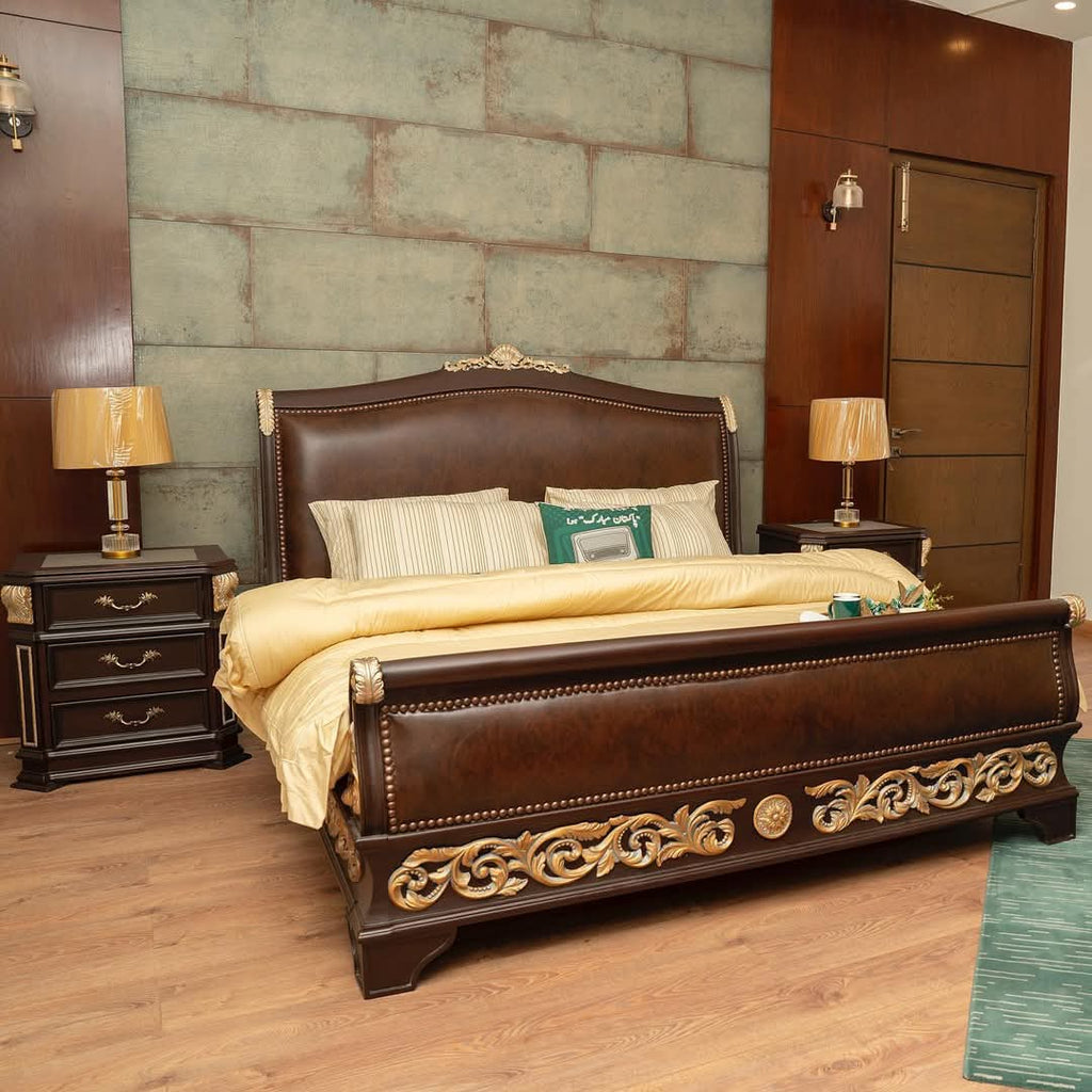 Grand Renaissance Bed Set | Hand-Carved Chinioti Sheesham Wood & Leather Furniture