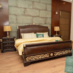 Grand Renaissance Bed Set | Hand-Carved Chinioti Sheesham Wood & Leather Furniture