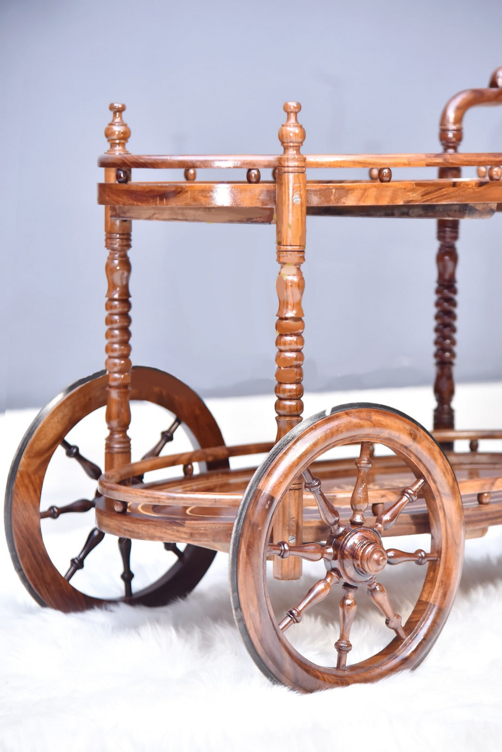Diana Solid Wood Tea Trolley: Oval Sheesham Wood with Wooden Inlay Top