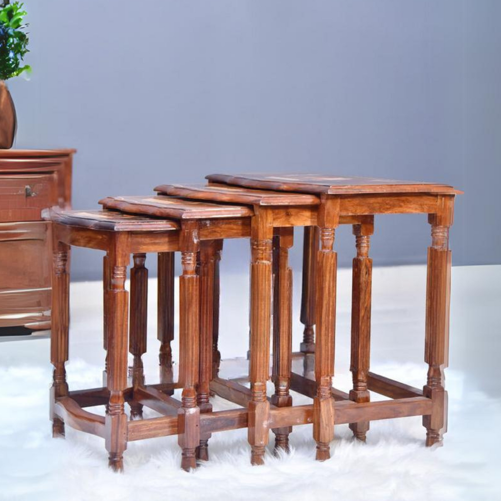 Sheesham Wood Brass Nesting Table Set of 4